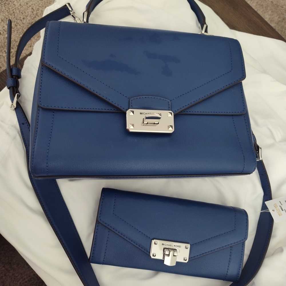 Michael Kors Royal Blue Leather Envelope Clutch with Silver Hardware